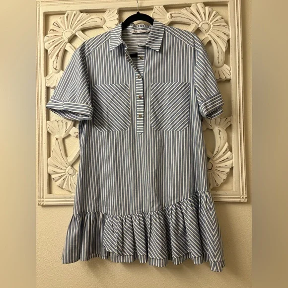 ZARA Mini Shirt Dress With Ruffles Blue & White Striped • Like New - Picture 3 of 6